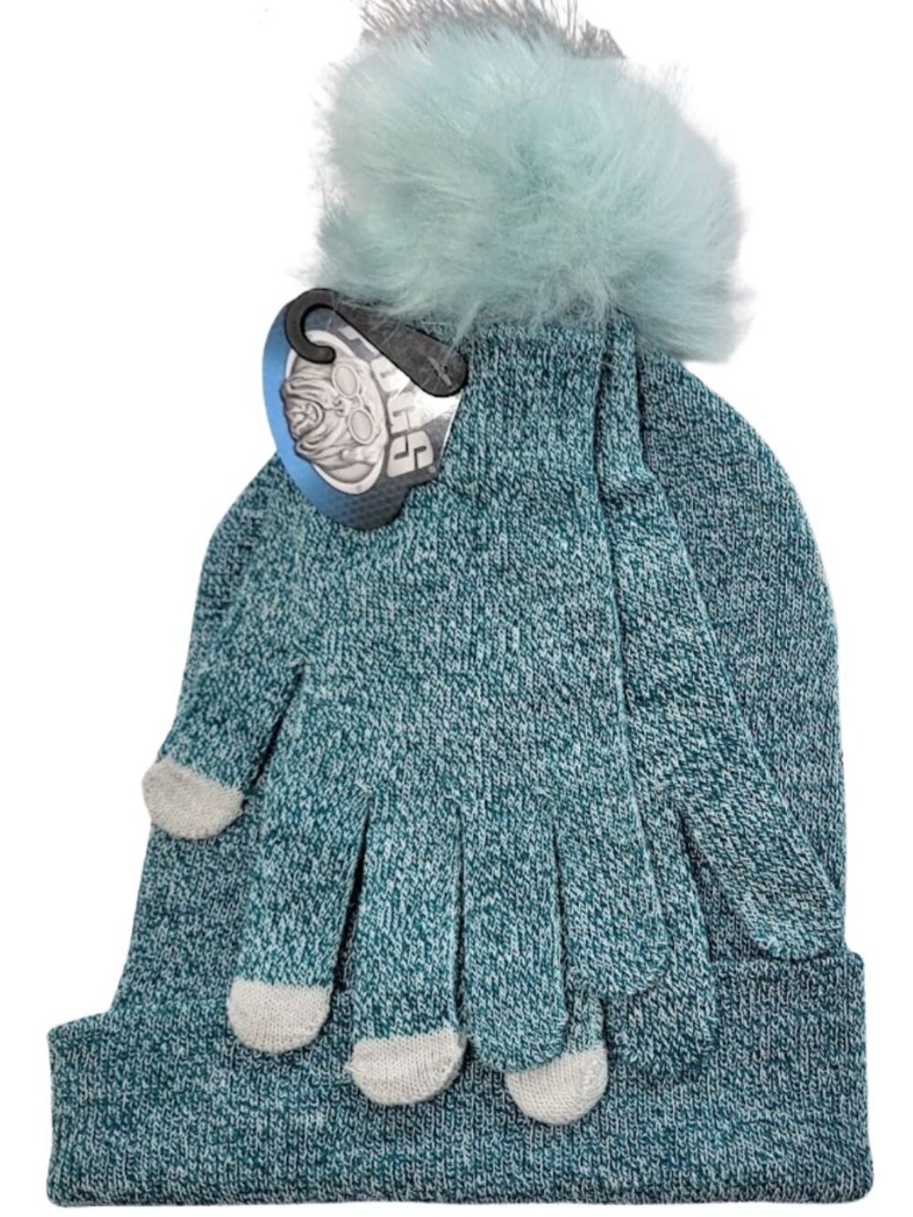 PUGS NWT Chenille Hunter Green & White Pom-Pom Beanie & Glove Set Women's OS